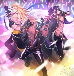 Rule 34 | 3boys, abs, aion kiu, arm up, armband, artist name, bandaged arm, bandages, bara, bare pectorals, belt, biceps, black eyes, black hair, blonde hair, blue eyes, boots, bracelet, chest belt, collar, collared jacket, commission, confetti, dark-skinned male, dark skin, facial hair, fingerless gloves, gachimuchi, gauntlets, gloves, grabbing, jacket, jewelry, large pectorals, leather, leather belt, leather collar, leather jacket, leather pants, light, long hair, looking at viewer, male focus, manly, mature male, microphone, multiple boys, muscular, muscular male, music, navel, nipples, open clothes, open jacket, open mouth, pants, pectorals, ponytail, red eyes, scar, scar on arm, singing, skeb commission, skirt, stage, stage lights, stubble, sweat, sweatdrop, teeth, tight clothes, tongue, topless male, white hair