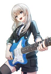 Rule 34 | 1girl, black jacket, black nails, black necktie, black shorts, black thighhighs, blush, collared shirt, commentary, earrings, garter straps, girls band cry, grey eyes, grey hair, hair between eyes, highres, holding, holding plectrum, jacket, jewelry, kawaragi momoka, long hair, multicolored hair, nail polish, necktie, open mouth, playing guitar, plectrum, fender jazzmaster, roots (hair), shirt, shorts, sidelocks, simple background, single garter strap, sleeves past elbows, solo, teeth, thighhighs, tie clip, upper teeth only, veniac, white background, white shirt