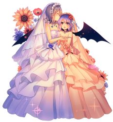 Rule 34 | 2girls, bare arms, bare shoulders, bat wings, blue bow, blue hair, blush, bow, braid, breasts, bridal veil, bride, choker, collarbone, commentary request, dress, closed eyes, flower, hair bow, hair flower, hair ornament, hand grab, izayoi sakuya, kirero, layered dress, maid headdress, multiple girls, open mouth, pink dress, pointy ears, red eyes, remilia scarlet, short hair, silver hair, small breasts, strapless, strapless dress, touhou, twin braids, veil, wedding dress, white dress, wife and wife, wings, yuri