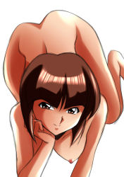 Rule 34 | 1girl, all fours, arm support, ass, bare back, bob cut, breasts, brown eyes, brown hair, completely nude, from above, head rest, looking at viewer, looking up, medium breasts, nipples, nude, ranma 1/2, short hair, simple background, smile, solo, tendou nabiki, white background, yamada (fanfantaisa)