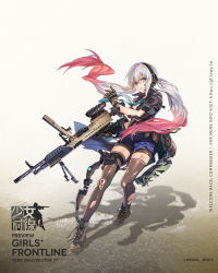 Rule 34 | 1girl, ammunition belt, aqua necktie, bag, belt, bipod, black thighhighs, bleeding, blood, blue eyes, blue shirt, boots, breast pocket, brown thighhighs, character name, clothes around waist, cross-laced footwear, damaged, exoskeleton, floating hair, full body, general-purpose machine gun, general dynamics, girls&#039; frontline, gloves, grey hair, gun, hair between eyes, half-closed eyes, headphones, headset, high collar, highres, holding, holding gun, holding weapon, holster, injury, jacket, jacket around waist, knee pads, lace-up boots, lightweight medium machine gun, lonestar future weapons, looking at viewer, lwmmg (girls&#039; frontline), lwmmg (mod3) (girls&#039; frontline), machine gun, mod3 (girls&#039; frontline), multicolored hair, muzzle device, necktie, off shoulder, official alternate costume, official art, pink hair, pocket, prototype design, radio, red jacket, rff (3 percent), scope, shaded face, shirt, short shorts, shorts, single knee pad, sleeves rolled up, solo, strap, teal neckwear, thigh strap, thighhighs, torn clothes, transparent background, trigger discipline, true velocity, twintails, walking, weapon