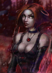 Rule 34 | 1girl, amulet, armor, blood, bloodrayne, bloody weapon, breasts, choker, cleavage, dated, dhampir, elbow gloves, fangs, fingerless gloves, gloves, green eyes, half-human, half-undead, halterneck, halterneck, kate-fox, large breasts, leather armor, mixed species, rayne, red hair, standing, undead, vampire, watermark, weapon