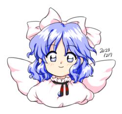 Rule 34 | 1girl, 2023, blue hair, bow, closed mouth, dated, hair bow, looking at viewer, mai (touhou), nonamejd, official style, short hair, simple background, smile, solo, touhou, touhou (pc-98), upper body, white background, white bow, white wings, wings, zun (style)