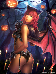 Rule 34 | 1girl, animal ears, armor, ass, bare shoulders, bat wings, bikini armor, breasts, candle, cat ears, claws, copyright name, cowboy shot, demon girl, demon wings, forest, from behind, full moon, garter straps, gauntlets, grey eyes, halloween, highres, hood, hood down, jack-o&#039;-lantern, legend of the cryptids, lie-on, lips, lipstick, looking at viewer, looking back, makeup, moon, multiple moons, nature, night, official art, original, outdoors, parted lips, pink hair, red hair, shiny skin, shuichi wada, slit pupils, solo, standing, thighhighs, underboob, underwear, watermark, wings