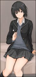1girl, amagami, arm at side, bed sheet, black hair, black jacket, black legwear, black skirt, blazer, brown eyes, closed mouth, collared shirt, commentary, feet out of frame, holding, jacket, kibito high school uniform, kneehighs, long sleeves, looking at viewer, mimikaki, miniskirt, mobu, nanasaki ai, on bed, open clothes, open jacket, pleated skirt, school uniform, shirt, short hair, sitting, sitting on bed, skirt, smile, solo, sweater vest, unbuttoned