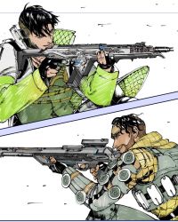 Rule 34 | 2boys, aiming, apex legends, assault rifle, black eyes, black hair, crypto (apex legends), cyborg, facial hair, from side, goatee, green vest, grey jacket, gun, hillprime, holding, holding gun, holding weapon, jacket, marker (medium), mirage (apex legends), multiple boys, parted lips, r-301 carbine, rifle, science fiction, skirt, sniper rifle, traditional media, triple take, vest, weapon