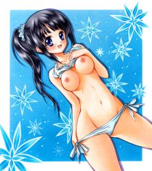 Rule 34 | 10s, 1girl, :d, arm at side, bad id, bikini, bikini top lift, black hair, blush, border, breasts, chitanda eru, clothes lift, female focus, hair ornament, hair scrunchie, hand on own chest, happy, high ponytail, hyouka, long hair, marker (medium), navel, nipples, open mouth, outside border, ponytail, purple eyes, scrunchie, smile, solo, swimsuit, traditional media, yuto cafe