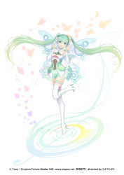 Rule 34 | 1girl, :d, boots, bug, butterfly, dress, fairy wings, flower, frilled dress, frilled skirt, frilled sleeves, frills, full body, goodsmile company, goodsmile racing, green eyes, green hair, green skirt, hair flower, hair ornament, hatsune miku, high heel boots, high heels, highres, insect, long hair, looking at viewer, open mouth, skirt, smile, solo, thigh boots, thigh strap, thighhighs, tony taka, twintails, v, very long hair, vocaloid, white background, wings