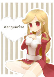 Rule 34 | 1girl, aura (a440), blonde hair, blush, breasts, brown background, character name, closed mouth, commentary request, covered erect nipples, dress, foot out of frame, heart, high priest (ragnarok online), juliet sleeves, long hair, long sleeves, looking at viewer, low-tied long hair, margaretha sorin, medium breasts, panties, puffy sleeves, ragnarok online, red dress, red eyes, sash, smile, solo, striped, striped background, swept bangs, thighhighs, two-tone background, two-tone dress, underwear, white background, white dress, white panties, white sash, white thighhighs