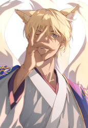 Rule 34 | 1boy, amuro tooru, animal ear fluff, animal ears, blue eyes, blurry, depth of field, extra ears, fox boy, fox ears, fox shadow puppet, fox tail, hair between eyes, hand up, highres, japanese clothes, kimono, long sleeves, looking at viewer, male focus, meitantei conan, multiple tails, one eye closed, parted lips, short hair, simple background, smile, solo, tail, uneechip, upper body, white background