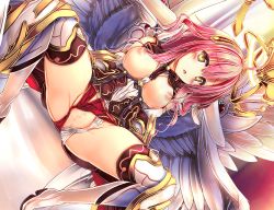 Rule 34 | 1girl, ajishio, blush, boots, breasts, censored, clothing aside, detached sleeves, dragon providence, dutch angle, feathered wings, game cg, long hair, looking at viewer, medium breasts, micro shorts, mosaic censoring, nipples, official art, open clothes, open mouth, open shorts, panties, panties aside, pink hair, red shorts, shorts, shorts aside, sitting, solo, thigh boots, thighhighs, underwear, white panties, white sleeves, white wings, wings, yellow eyes