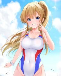Rule 34 | 1girl, absurdres, blue eyes, blue sky, breasts, brown hair, ca paria, cloud, collarbone, commentary request, competition swimsuit, covered navel, day, grin, groin, gyaru v, hair between eyes, hand up, highleg, highleg swimsuit, highres, idolmaster, idolmaster million live!, kousaka umi, large breasts, light blush, long hair, looking at viewer, one-piece swimsuit, outdoors, ponytail, scrunchie, sidelocks, sky, smile, solo, swimsuit, teeth, v, water drop, white one-piece swimsuit, wrist scrunchie