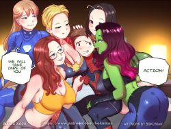 Rule 34 | 1boy, 5girls, age difference, antennae, armor, artist name, ass, assertive female, aunt and nephew, avengers: endgame, avengers (series), back, bandages, bare shoulders, bed, black eyes, black hair, blonde hair, blue eyes, blush, bodysuit, bokuman, breast press, breast rest, breasts, breasts on head, brown hair, captain marvel, carol danvers, cleavage, collarbone, colored skin, covered erect nipples, curly hair, curvy, dress, english text, from behind, gamora, glasses, green dress, green skin, grin, half-closed eyes, hand on another&#039;s crotch, hand on another&#039;s head, hand on another&#039;s shoulder, harem, holding hands, imminent penetration, indoors, lamp, large breasts, leggings, licking lips, long hair, mantis (marvel), marvel, marvel cinematic universe, mature female, may parker, midriff, multicolored hair, multiple girls, naughty face, navel, nervous, nervous smile, no panties, open mouth, orange tank top, pants, parted lips, pepper potts, peter parker, pink hair, ponytail, power armor, red hair, rescue (iron man), sexually suggestive, shiny clothes, shiny skin, sitting, size difference, smile, speech bubble, spider-man, tank top, teeth, text focus, thighs, tongue, tongue out, two-tone hair, watermark, web address, you gonna get raped