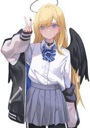 Rule 34 | 1girl, absurdres, bandaid, bandaid on face, black choker, black halo, black jacket, black pantyhose, black wings, blonde hair, blue bow, blue bowtie, blue eyes, blush, bow, bowtie, choker, commentary request, cowboy shot, earrings, feathered wings, grey skirt, halo, hand up, highres, jacket, jewelry, long hair, long sleeves, looking at viewer, off shoulder, open clothes, open jacket, original, pantyhose, pleated skirt, red nails, shirt, shirt tucked in, simple background, skirt, soar sora222, solo, standing, v, white background, white shirt, wings