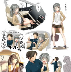 Rule 34 | 10s, 1boy, 1girl, alternate costume, anchor symbol, arm hug, bag, black hair, blush, brown eyes, car interior, casual, commentary request, faceless, faceless male, grey hair, hair ribbon, hand on own hip, handbag, highres, jewelry, kantai collection, kasumi (kancolle), long hair, multiple views, negahami, open mouth, pendant, ribbon, sandals, seatbelt, shorts, side ponytail, sitting, sleeping, translation request, wavy mouth, white background