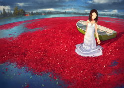 Rule 34 | 1girl, afloat, arm at side, bare shoulders, berry, boat, breasts, brown eyes, brown hair, building, cloud, cloudy sky, collarbone, cranberry, currant, dress, expressionless, fir tree, floating, floating object, half-closed eyes, head tilt, highres, house, lake, light frown, looking down, original, outdoors, paddle, plant, reflection, ribbon, rowboat, scenery, see-through, sky, sleeveless, sleeveless dress, small breasts, solo, spaghetti strap, standing, sundress, tree, wading, water, watercraft, wet, wet clothes, wet dress, white dress, white ribbon, yoshida seiji