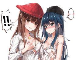 Rule 34 | !, !!, 2girls, asymmetrical docking, bare shoulders, black headwear, blue eyes, blue hair, blush, breast envy, breast press, breasts, brown eyes, brown hair, camisole, cleavage, collarbone, commentary request, frills, highres, jewelry, large breasts, long sleeves, medium hair, multiple girls, necklace, no bra, nose blush, parted lips, pendant, red headwear, shirt, sidelocks, simple background, smile, smug, speech bubble, spoken blush, spoken exclamation mark, star (symbol), star necklace, strap slip, upper body, v-shaped eyebrows, wet.elephant, white background, white shirt