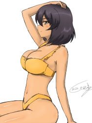 Rule 34 | 1girl, 2020, arm support, arm up, bikini, breasts, brown hair, bukkuri, cleavage, dated, female focus, from side, girls und panzer, green eyes, hand on own head, highleg, highleg bikini, highres, hoshino (girls und panzer), large breasts, navel, short hair, sketch, solo, swimsuit, tan, thighs, white background, yellow bikini