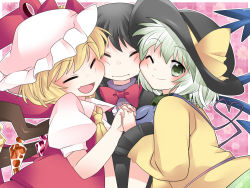 Rule 34 | 3girls, ;), ^ ^, ascot, asymmetrical wings, bad id, bad pixiv id, black dress, black hair, blonde hair, bow, bowtie, cheek-to-cheek, closed eyes, dress, closed eyes, fang, flandre scarlet, girl sandwich, green eyes, green hair, hammer (sunset beach), holding hands, hat, heads together, houjuu nue, komeiji koishi, looking at viewer, mob cap, multiple girls, one eye closed, open mouth, oversized clothes, puffy sleeves, sandwiched, shirt, short hair, short sleeves, smile, third eye, touhou, wing collar, wings, wink, yellow shirt