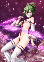 Rule 34 | 1girl, adsouto, alternate costume, artist name, breasts, cherry blossoms, dagger, detached sleeves, electricity, falling petals, genshin impact, hair ornament, highres, holding, holding dagger, holding knife, holding weapon, knife, kuki shinobu, mask, mouth mask, patreon username, petals, red ribbon, revealing clothes, reverse grip, ribbon, rope, shimenawa, short ponytail, shrug (clothing), small breasts, solo, thighhighs, twitter username, underboob, watermark, weapon, web address, white mask, white sleeves, white thighhighs