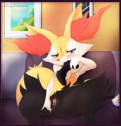 Rule 34 | 1girl, :3, absurdres, animal ear fluff, animal ears, animal nose, artist name, biting, black fur, blush, body fur, border, bowl, braixen, clitoris, controller, couch, creatures (company), dated, drawing (object), dualshock, eryz, fang, female focus, flat chest, food, fox ears, fox girl, fox tail, furry, furry female, game controller, game freak, gamepad, gen 6 pokemon, half-closed eyes, hand up, highres, holding, holding controller, holding game controller, indoors, looking at viewer, nintendo, nose blush, open mouth, picture frame, playstation controller, pokemon, pokemon (creature), popcorn, purple border, pussy, pussy juice, pussy juice trail, red eyes, signature, sitting, snout, solo, spread legs, stick, sweat, tail, twitter username, uncensored, urethra, watermark, white fur, yellow fur
