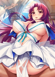 Rule 34 | 1boy, 1girl, arm behind back, bare shoulders, bazett fraga mcremitz, blurry, blurry background, blush, breasts, cleavage, clothed female nude male, clothing cutout, commentary request, commission, covered erect nipples, cowboy shot, dated, dress, fate/grand order, fate (series), fujimaru ritsuka (male), girl on top, hand up, highres, large breasts, long hair, looking at viewer, manannan mac lir (fate), manannan mac lir (third ascension) (fate), navel, navel cutout, no mole, nude, open mouth, paid reward available, parted bangs, pelvic curtain, red eyes, red hair, sidelocks, sitting, skeb commission, solo focus, spread legs, sweat, tsuki tokage, underboob, white dress