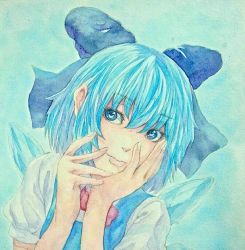 Rule 34 | 1girl, acrylic paint (medium), blue background, blue eyes, blue hair, bow, bowtie, cirno, graphite (medium), hair bow, hands on own cheeks, hands on own face, head tilt, ice, ice wings, light smile, lips, looking at viewer, matching hair/eyes, painting (medium), red bow, red bowtie, short hair, solo, touhou, traditional media, upper body, watercolor (medium), wings, yuyu (00365676)