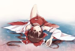 Rule 34 | 1girl, arm up, bad id, bad pixiv id, bow, breasts, breasts apart, brown eyes, brown hair, detached sleeves, covered erect nipples, facing viewer, from above, hair bow, hair tubes, hakurei reimu, hand on own stomach, leg up, lying, on back, partially submerged, pupil g, solo, touhou, upside-down, water