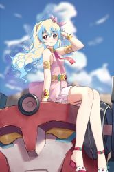Rule 34 | + +, 1girl, arm behind head, arm support, arm up, bad id, bad pixiv id, bare shoulders, blue eyes, blue hair, blue sky, blurry, blurry background, blush, breasts, closed mouth, cloud, commentary request, cross-shaped pupils, day, depth of field, dress, enuni, high heels, highres, light smile, long hair, mecha, necktie, nia teppelin, outdoors, pink dress, pleated skirt, purple footwear, red necktie, robot, sandals, sitting, skirt, sky, sleeveless, sleeveless dress, small breasts, symbol-shaped pupils, tengen toppa gurren lagann, very long hair, white hair, white skirt