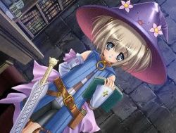 Rule 34 | belt, blonde hair, book, bow, cross, flower, hat, lowres, ribbon, scabbard, sheath, sword, weapon, witch, witch hat