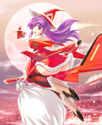Rule 34 | ass, bare shoulders, broom, broom riding, christmas, f-4, f-4 phantom ii, hat, juusensha koubou, long hair, mc axis, mecha musume, personification, purple eyes, purple hair, solo, the spook, thighhighs, unconventional broom, witch, witch hat
