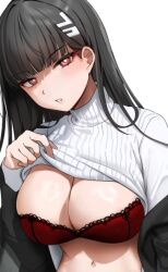 Rule 34 | 1girl, black hair, black jacket, blue archive, blunt bangs, bra, breasts, bright pupils, clothes lift, gijang, hair ornament, hairclip, jacket, large breasts, long hair, looking at viewer, midriff, red bra, red eyes, rio (blue archive), solo, sweater, sweater lift, turtleneck, turtleneck sweater, underwear, white background, white sweater