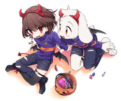Rule 34 | 1boy, 1other, alternate costume, arm support, asriel dreemurr, asymmetrical pants, barefoot, bat wings, black footwear, black thighhighs, black wings, boots, brown hair, candy, chara (undertale), demon horns, demon tail, denim, food, from above, full body, furry, furry male, hair behind ear, hairband, halloween, halloween bucket, halloween costume, hand on own foot, hands on floor, heart, heart necklace, horns, jeans, jewelry, leftporygon, looking at another, looking at viewer, lower teeth only, necklace, open mouth, orange eyes, orange sweater, pants, purple sweater, red hairband, ripped jeans, shadow, short hair, single thighhigh, sitting, smile, striped clothes, striped sweater, sweater, tail, teeth, thighhighs, thighlet, torn clothes, torn pants, turtleneck, turtleneck sweater, two-tone sweater, undertale, white background, white fur, white tail, wings, wrapped candy