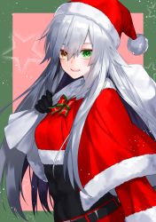 Rule 34 | 1girl, abs, belt, bow, breasts, carrying, christmas, commentary request, covered navel, dodome ichika, from side, green eyes, hair between eyes, hat, heterochromia, highres, long hair, looking at viewer, messy hair, open mouth, original, santa costume, santa hat, shawl, silver hair, small breasts, smile, solo, upper body, waka (shark waka), yellow eyes