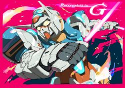 Rule 34 | beam saber, copyright name, dual wielding, g-self, glowing, glowing eyes, gundam, gundam g no reconguista, highres, holding, holding sword, holding weapon, looking to the side, mecha, no humans, pink background, robot, science fiction, solo, sword, tomatomaton, weapon, yellow eyes