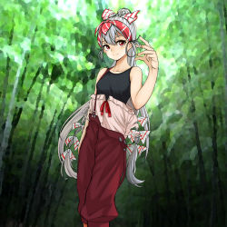 Rule 34 | 1girl, alternate hairstyle, bandana, bare shoulders, black shirt, blush, bow, breasts, collarbone, commentary request, forest, fujiwara no mokou, ginji74, grey hair, hair bow, hair ribbon, highres, light smile, long hair, looking at viewer, medium breasts, nature, pants, pink shirt, red bandana, red eyes, red pants, ribbon, shirt, shirt down, sleeveless, sleeveless shirt, solo, suspenders, suspenders hanging, touhou, tress ribbon, twintails, very long hair, white bow
