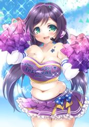 Rule 34 | 10s, 1girl, bare shoulders, breasts, cheerleader, cleavage, elbow gloves, gloves, green eyes, headset, kokorominton, large breasts, long hair, looking at viewer, love live!, love live! school idol project, midriff, navel, open mouth, plump, pom pom (cheerleading), purple hair, skirt, smile, solo, standing, takaramonozu, tojo nozomi, twintails