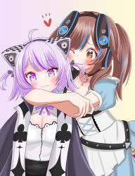 Rule 34 | 2girls, absurdres, ahoge, arms around neck, biting hair, black choker, black hairband, blue dress, blush, bow hairband, brown eyes, brown hair, cat girl, chest belt, chest harness, choker, closed mouth, commentary request, dog girl, dress, gradient background, hairband, harness, heart, highres, hololive, inugami korone, inugami korone (wonderland), jewelry, key, key necklace, long hair, looking at another, looking at viewer, mahadara, multicolored hair, multiple girls, necklace, nekomata okayu, nekomata okayu (wonderland), o-ring, o-ring choker, official alternate costume, official alternate hairstyle, one eye closed, pink background, potion, purple eyes, purple hair, shirt, short hair, simple background, smile, streaked hair, swept bangs, two side up, upper body, vial, virtual youtuber, white background, white shirt, yuri