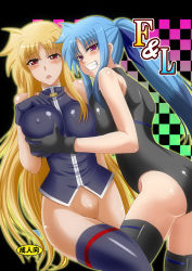 Rule 34 | 00s, 2girls, blonde hair, blue hair, blush, bottomless, grabbing another&#039;s breast, breasts, evil grin, evil smile, fang, fate testarossa, gloves, grabbing, grin, huge breasts, leotard, long hair, lyrical nanoha, mahou shoujo lyrical nanoha, mahou shoujo lyrical nanoha a&#039;s, mahou shoujo lyrical nanoha a&#039;s portable: the battle of aces, mahou shoujo lyrical nanoha strikers, levi the slasher, multiple girls, aged up, open mouth, ponytail, red eyes, smile, thighhighs, very long hair, yuri, zerosu (take out)