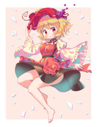 Rule 34 | 1girl, aki minoriko, apron, arinu, barefoot, black ribbon, black skirt, blonde hair, border, closed mouth, food, fruit, full body, grapes, hand on headwear, hat, highres, juliet sleeves, long sleeves, looking at viewer, mob cap, neck ribbon, puffy sleeves, red apron, red eyes, red hat, ribbon, short hair, simple background, skirt, smile, solo, touhou, white border, wide sleeves