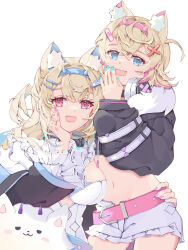 Rule 34 | 2girls, animal collar, animal ear fluff, animal ears, bandaid, bandaid hair ornament, black collar, black jacket, blonde hair, blue eyes, blue hair, blue hairband, breasts, cleavage, collar, cropped jacket, cropped shirt, crossed bangs, dog ears, dog girl, double-parted bangs, dress, fake horns, fang, fur-trimmed jacket, fur trim, fuwawa abyssgard, fuwawa abyssgard (1st costume), hair between eyes, hair intakes, hair ornament, hairband, hairclip, headphones, headphones around neck, highres, hololive, hololive english, horns, jacket, large breasts, long hair, long sleeves, mococo abyssgard, mococo abyssgard (1st costume), multicolored hair, multiple girls, navel, open mouth, perroccino (fuwamoco), pink eyes, pink hair, pink hairband, q12 flamingo, shirt, short hair, siblings, sisters, skin fang, spiked collar, spikes, streaked hair, t-shirt, twins, two side up, virtual youtuber, white background, white dress, white shirt, x hair ornament