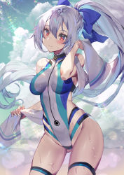 Rule 34 | 1girl, bare hips, bare shoulders, blue bow, blue sky, blurry, blush, bokeh, bow, breasts, closed mouth, clothing cutout, cloud, cloudy sky, commentary request, competition swimsuit, contrapposto, covered collarbone, cowboy shot, cumulonimbus cloud, day, depth of field, fate/grand order, fate (series), gluteal fold, hair between eyes, hair bow, head tilt, high ponytail, lens flare, long hair, looking at viewer, medium breasts, multicolored clothes, multicolored swimsuit, one-piece swimsuit, outdoors, ponytail, red eyes, side cutout, silver hair, skindentation, sky, smile, solo, sparkle, sweat, swimsuit, thigh strap, thighs, tomoe gozen (fate), tomoe gozen (swimsuit saber) (fate), tomoe gozen (swimsuit saber) (first ascension) (fate), towel, very long hair, wet, yoshimoto (dear life)