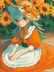 Rule 34 | 1girl, apron, chin strap, circle skirt, closed mouth, commentary, day, dress, field, flower, flower field, frilled apron, frilled dress, frilled shirt collar, frills, green eyes, green hair, hands on lap, hat, hat flower, hat ribbon, highres, lace-trimmed headwear, lace trim, light smile, long hair, looking at viewer, nagomi ( nagomi ), on ground, orange dress, orange flower, orange ribbon, original, outdoors, own hands together, puffy sleeves, ribbon, sitting, sleeves past elbows, solo, sun hat, sunflower, symbol-only commentary, waist apron, white apron, yellow flower
