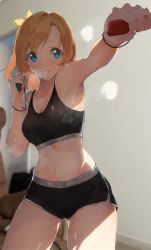Rule 34 | 1girl, bare shoulders, black shorts, blue eyes, breasts, cleavage, commentary request, controller, cowboy shot, grin, hair ribbon, highres, holding, holding controller, joy-con, kosaka honoka, love live!, love live! school idol project, medium breasts, nintendo switch, one side up, open mouth, orange hair, pisuta (yamashiro), ribbon, short shorts, shorts, smile, solo, sweat, tank top, yellow ribbon