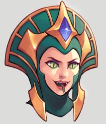 Rule 34 | 1girl, cassiopeia (league of legends), cropped head, fangs, forked tongue, gem, green eyes, grey background, highres, league of legends, simple background, slit pupils, smile, sneakveek, solo, teeth, tongue, tongue out, upper teeth only