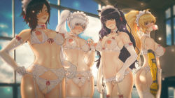 Rule 34 | 4girls, ;p, ahoge, animal ears, ass, backlighting, black hair, blake belladonna, blonde hair, blue eyes, blush, bra, breasts, brown hair, cat ears, choker, crotchless, crotchless panties, day, elbow gloves, garter belt, garter straps, gloves, grey eyes, inverted nipples, kuon (kwonchanji), lace, lace-trimmed bra, lace-trimmed panties, lace trim, large areolae, large breasts, lingerie, long hair, looking back, maid headdress, mechanical arms, medium breasts, multiple girls, nippleless clothes, nipples, one eye closed, panties, ponytail, puffy nipples, purple eyes, pussy, red ribbon, ribbon, ruby rose, rwby, short hair, siblings, side ponytail, single mechanical arm, sisters, tongue, tongue out, uncensored, underwear, underwear only, weiss schnee, white choker, white gloves, white hair, window, yang xiao long, yellow eyes