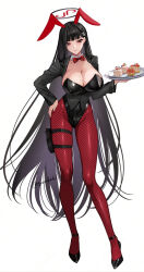 Rule 34 | 1girl, animal ears, black footwear, black hair, black leotard, blue archive, breasts, cleavage, closed mouth, dessert, detached collar, fake animal ears, food, full body, hair ornament, hairpin, halo, high heels, highres, holding, holding tray, large breasts, leotard, long hair, looking at viewer, pantyhose, rabbit ears, red eyes, red pantyhose, rio (blue archive), shoukaki (earthean), simple background, solo, strapless, strapless leotard, tray, twitter username, very long hair, white background