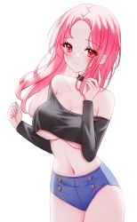 Rule 34 | 1girl, arm up, bare shoulders, black shirt, blue shorts, blush, breasts, choker, cleavage, commission, crop top, forehead, highres, large breasts, long hair, midriff, navel, nina-chan (girl5041), no bra, off shoulder, original, pink eyes, pink hair, shirt, short shorts, shorts, simple background, smile, solo, thighs, underboob, white background