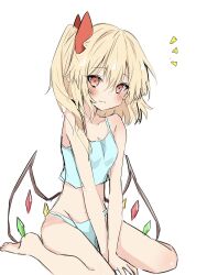 Rule 34 | 1girl, alternate costume, bare arms, bare legs, barefoot, blush, breasts, closed mouth, commentary request, crystal, flandre scarlet, groin, hair between eyes, highres, long hair, looking at viewer, low wings, no headwear, nono54558, notice lines, one side up, petite, pink eyes, pointy ears, simple background, sketch, small breasts, solo, touhou, v arms, wavy mouth, white background, wings