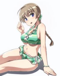 Rule 34 | 1girl, ahoge, bikini, bracelet, braid, breasts, brown hair, green bikini, jewelry, large breasts, looking at viewer, lynette bishop, nanashino, navel, necklace, open mouth, purple eyes, short hair, side-tie bikini bottom, single braid, sitting, smile, solo, strike witches, striped bikini, striped clothes, swimsuit, white background, world witches series